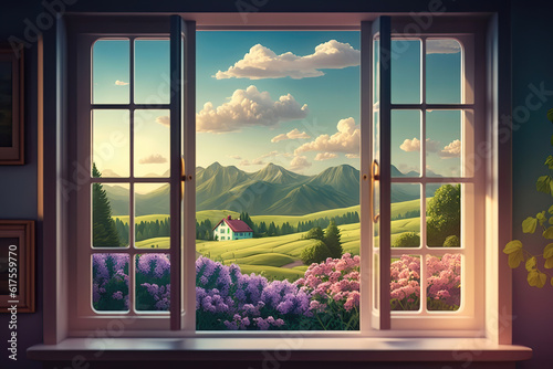 Beautiful summer mountain landscape seen from the window, illustration generative AI 