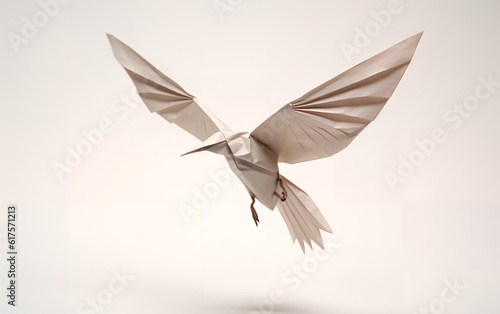 Intricate paper origami bird flying with open wings isolated on white background. A meticulously crafted paper origami bird in flight, its wings spread wide, poised in the air. Generative AI.