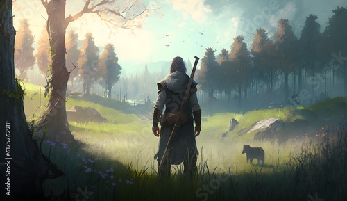 medieval human character from rear holding a shovel and a sword standing in front of a pasture with a forest behind it in fantasy style 