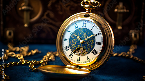 A gleaming golden pocket watch with the hands pointing at midnight.