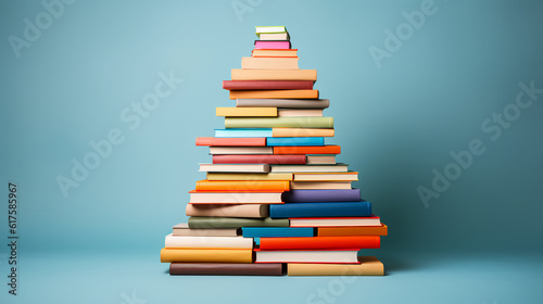 A stack of colorful books arranged in a neat pyramid shape.