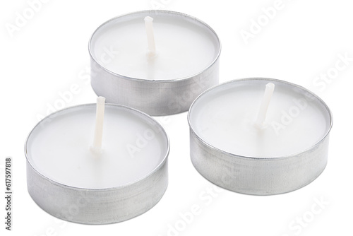 Candle. Tea Lights Candle. Mini Tealight candles for home decoration. Dripless and long lasting paraffin or white beeswax. Good for essential oil diffuser or aroma lamps. Isolated white background