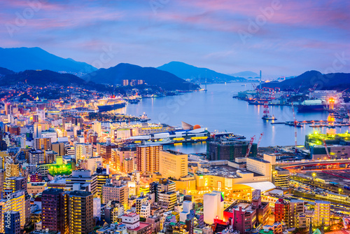 Nagasaki, Japan skyline at night.