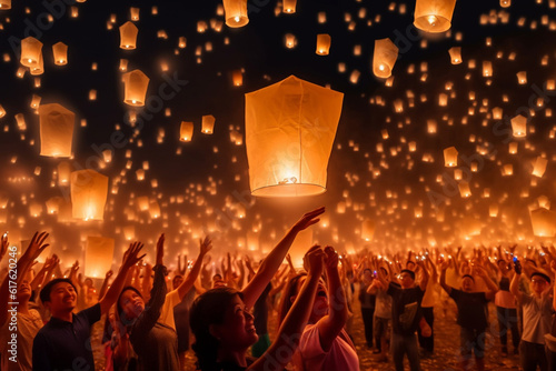 Asian people releasing white paper lanterns into the night sky, creating a breathtaking spectacle at the Sky Lantern Festival. Generative AI.