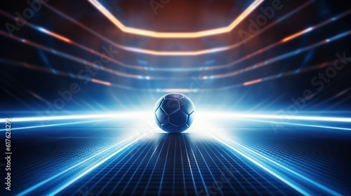 Football in the center of a futuristic indoor soccer field or stadium with glowing white lines background. 3D Illustration.