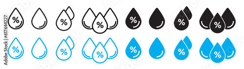 Air humidity icon set in black and blue color. Humidity water drop with percentage sign.