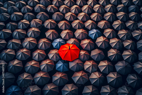 Red umbrella in group of black umbrellas in the middle of room. Generative AI.