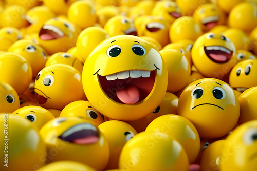 Bunch of yellow balls with faces on them and one has big smile on it's face. Generative AI.