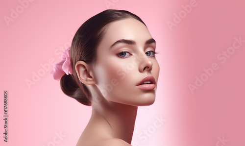 Adorable brunette young female model portrait studio photography for beauty marketing illustration. Generative Ai