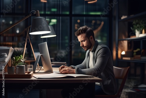 A thought-provoking photograph of a determined entrepreneur working diligently at a modern office desk, symbolizing ambition, innovation, and the pursuit of success.