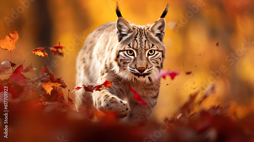 lynx in the woods walking over autumn leaves. 