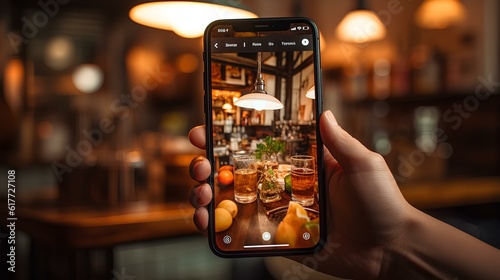 taking photo of food with smart phone in restaurant. generative AI