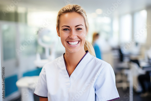 Portrait of a proud female dental hygienist student in college, smiling confidently as she represents her future occupation and the value of education . Generative AI