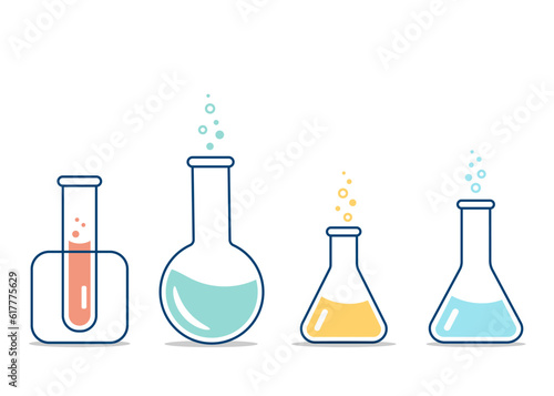 Round and flat-bottomed flasks, test tubes with solutions and reagents. Chemical reaction. Illustration on the topic of chemistry, biotechnology, biology.
