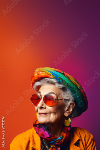 portrait of a cool old women with glasses and hat, crazy colorful lifestyle concept, fictional person created with generative ai 