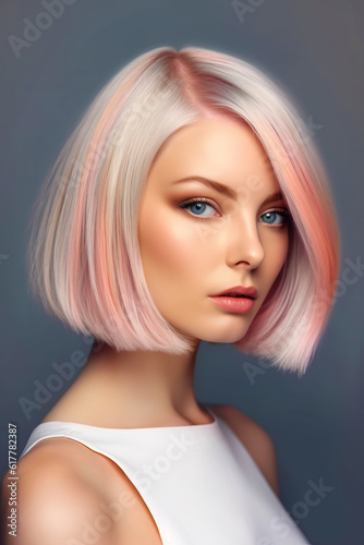 Woman with pink hair and blue eyes wearing short bob with pink highlights. Generative AI.