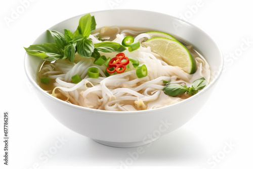 asian noodle broth bowl soup background food traditional dish white vegetable. Generative AI.