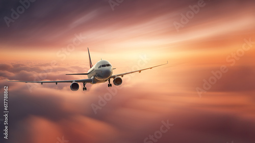 A passenger plane flies at high speed among clouds of sunset sunbeams in pink and purple colors. The concept of travel and fast passenger transportation. Generation AI