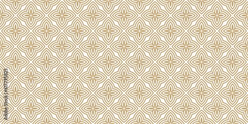 Golden vector seamless pattern. Simple geometric floral ornament. Abstract gold ornamental texture with flower silhouettes, petals, curved lines, repeat tiles. Elegant gold and white background design
