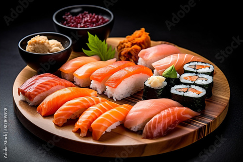 set japanese roll meal rice sushi fish seafood food japan. Generative AI.