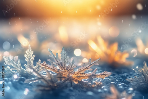 Macro photo of snow flakes falling, blurred background, hyper real, very detailed, sunbeams, 8k. AI generative