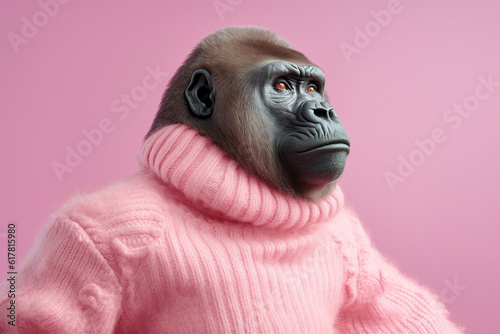 Template collage generated by ai of weird person with gorilla monkey face wear soft warm pullocer fashion advertisement