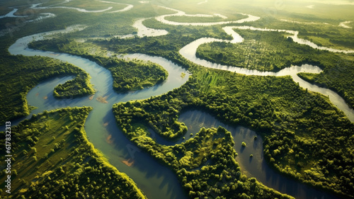 Aerial view of a river delta with lush green vegetation and winding waterways. Generative AI