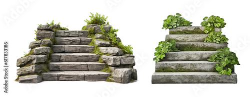 stairs made of large stone steps. Staircase lined with green plants for landscaping or garden design. Rock steps isolated on transparent background.