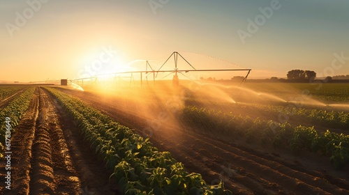rain gun sprinkler in the dry season, irrigation system on agricultural soybean field, generative ai