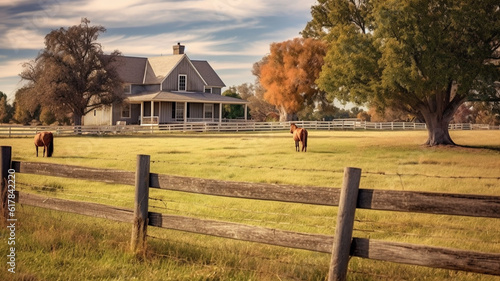 Pasture on A horse ranch with a house and fence,old farm house. Generative AI