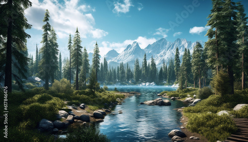 Tranquil scene of majestic mountain range, reflecting in flowing water generated by AI
