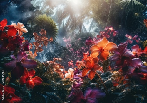 Exotic Jungle Floral Tapestry. Digital Illustration. Generative ai.