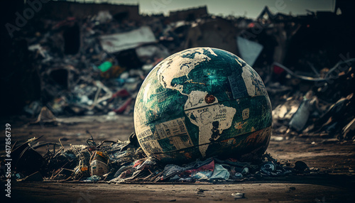 Erdball Welt Erde als Planet in der Müllhalde auf dem den Schrottplatz liegt im Müll als quasi Weltuntergang durch Klimawandel und letzte Generation symbolisch Darstellung digital Generative AI 