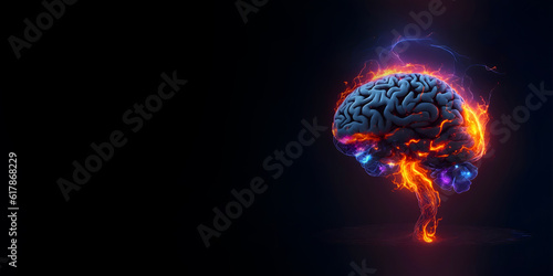 Human brain with fiery backlight on a black background. 3D illustration. Brainstorming concept.