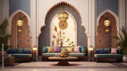 Arabic,Islamic style living room interior design with arch and arabic pattern.3d rendering