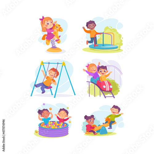 Kids in Amusement Park Engaged in Different Entertainment Sliding and Riding Vector Set