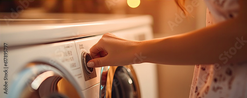 Detail of women handicrafts at the washing machine. The washing machine and clothes will be clean. generative ai