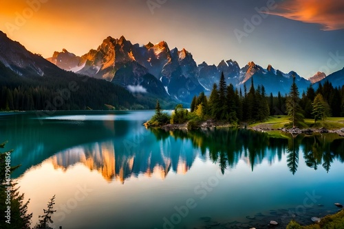sunrise in the mountains over the lake gernated ai