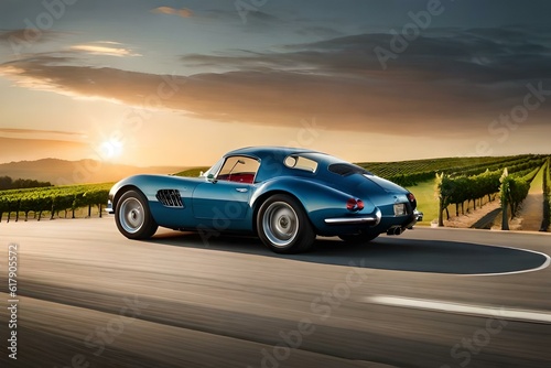 A classic sports car driving through a vineyard, with rows of grapevines and a serene countryside setting.