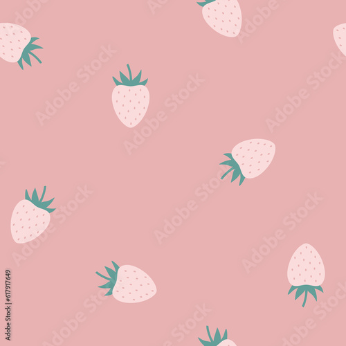 Różowe truskawki na jasnym tle. Dekoracyjny letni wzór wektorowy. Słodkie, soczyste owoce.