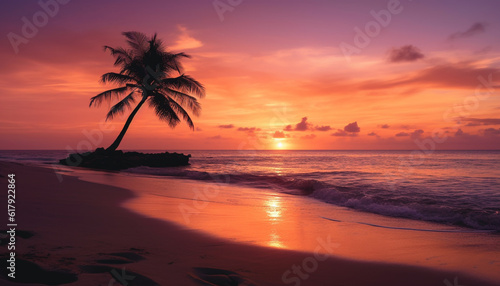 Tropical sunset over tranquil waters, palm trees silhouette against orange sky generated by AI
