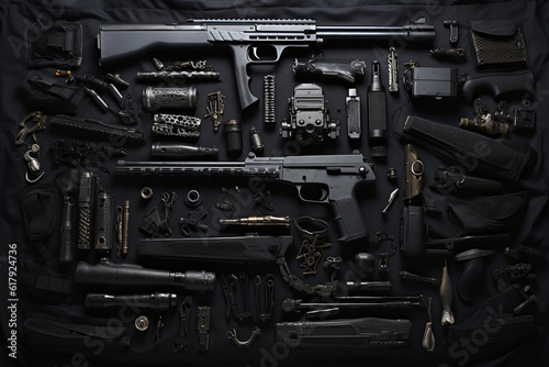 various weapons and tools in a black blanket.. Generative AI