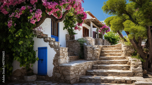 Degraus de pedra para casa tradicional na Grécia