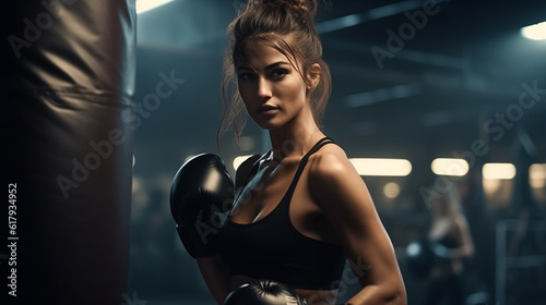 jovem mulher boxeadora kickboxing saco de boxe duro lutador feminino prática de boxe na hora de ouro da aula de ginástica