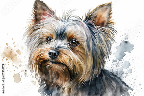 Realistic Portrait of Yorkshire Terrier. Watercolor drawing. Generative AI.