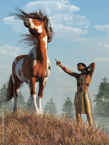On a grassy hill in the American Wild West, a Native American admonishes a horse. The warrior holds his neck in pain and wags his finger at the pinto mustang, but the horse doesn't care. 3D Rendering 