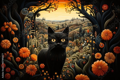 Cute black cat in drawing style. Halloween superstition concept. AI generated, human enhanced