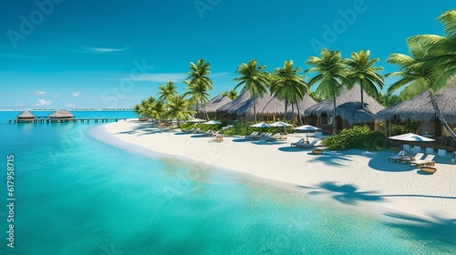 view of small bungalows on the beach with a beautiful view of the sea, clear water, palm trees and lounge chairs