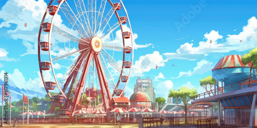 Theme park amusement park animation background with Ferris wheel anime style