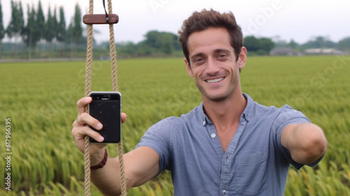 happy, amputated arm at elbow, young adult man in nature at farm field, using smartphone